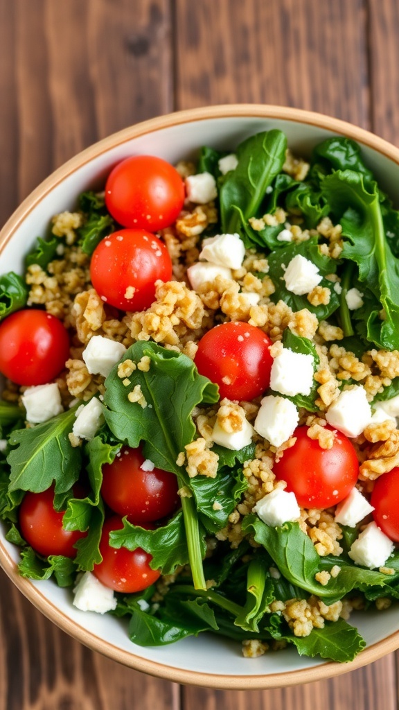 A colorful kale and quinoa salad with cherry tomatoes, feta cheese, and walnuts on a wooden table.